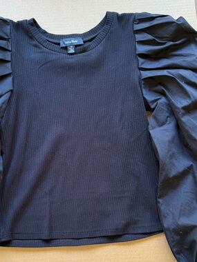 Lea & Viola Black Long-Sleeve Puff Shoulder Ribbed Top